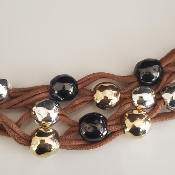 Boho Chunky Brown Multi-Strand Retro‎ Metallic Beads Statement Necklace - Picture 3 of 6